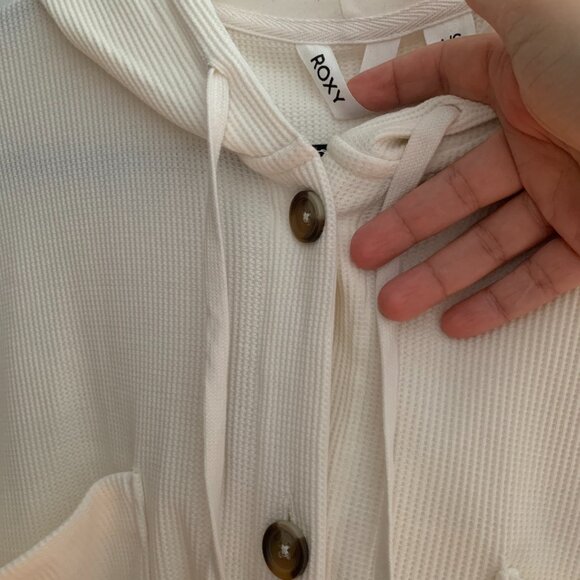 Roxy Waffle Knit Button-Up Hoodie Cream White Size L/G Oversized Fit - Picture 3 of 7